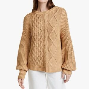 Free People Dream Mixed Knit Sweater Cable Knit Desert Tan Oversized Sz XS